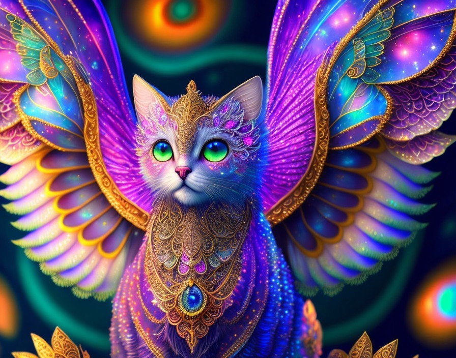 Majestic Cat with Iridescent Feathers and Wings