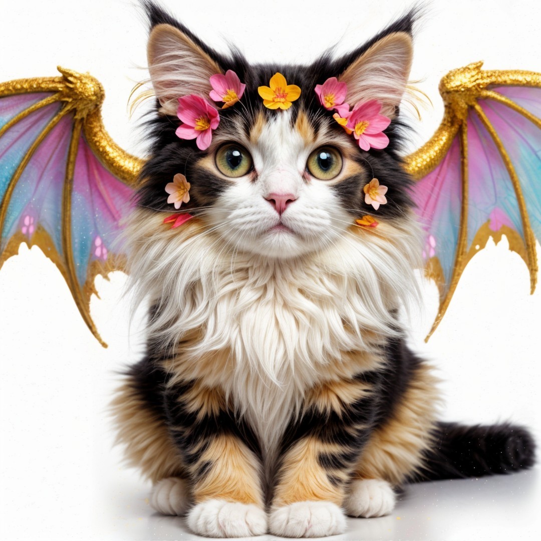 Calico Cat with Dragon Wings and Floral Hair Decorations