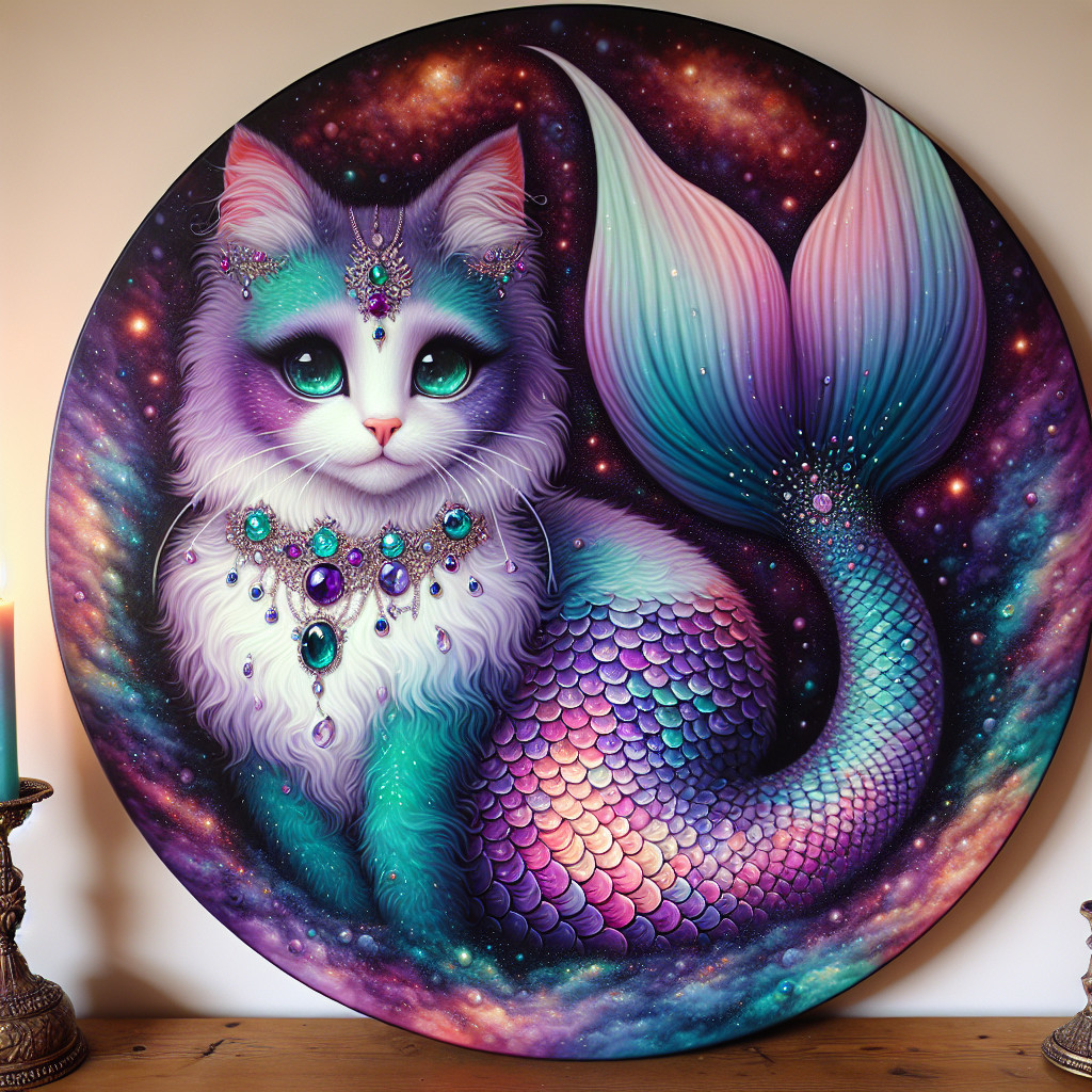 Whimsical Cat-Mermaid Artwork with Cosmic Background