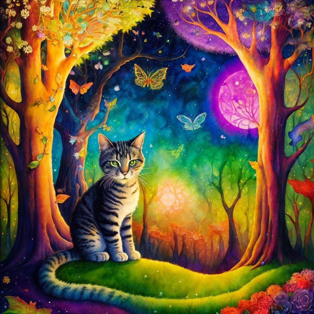 Vibrant Dreamlike Landscape with Striped Cat and Trees