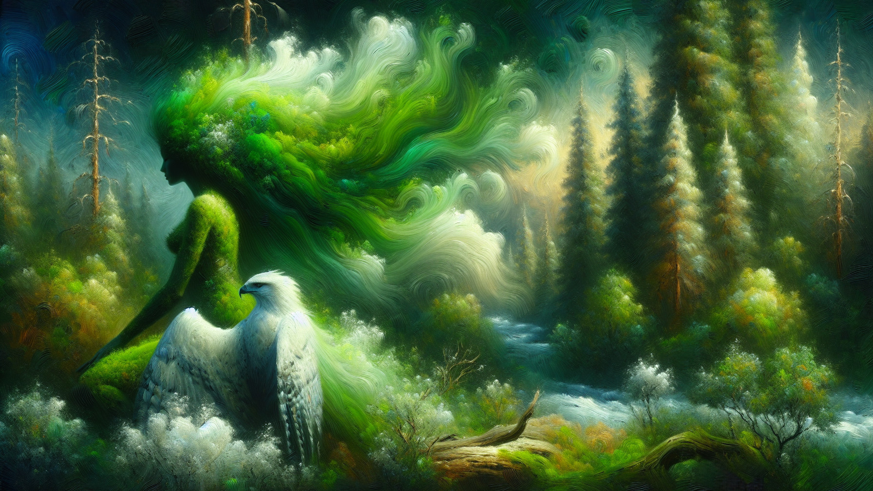 Mystical Forest Scene with Nature Figure and Eagle