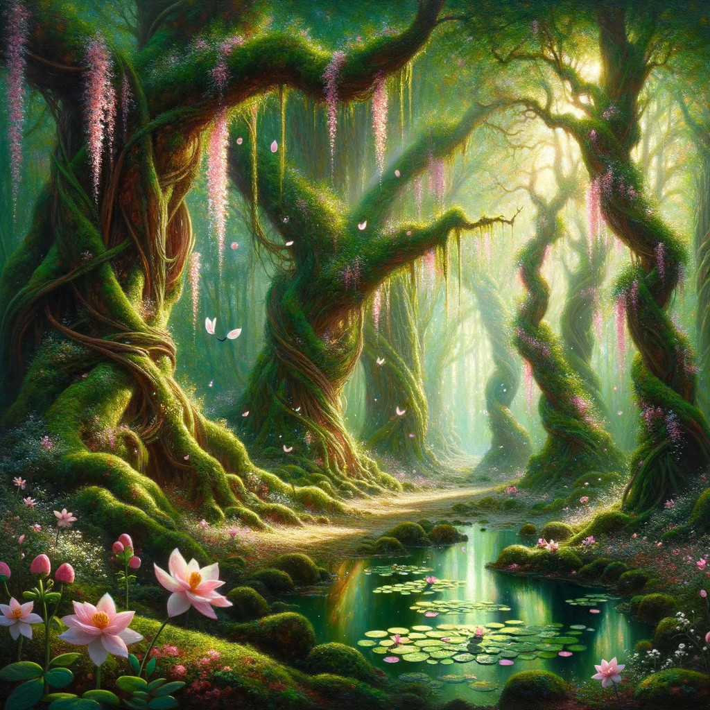 Magical Forest with Ancient Trees and Blossoms