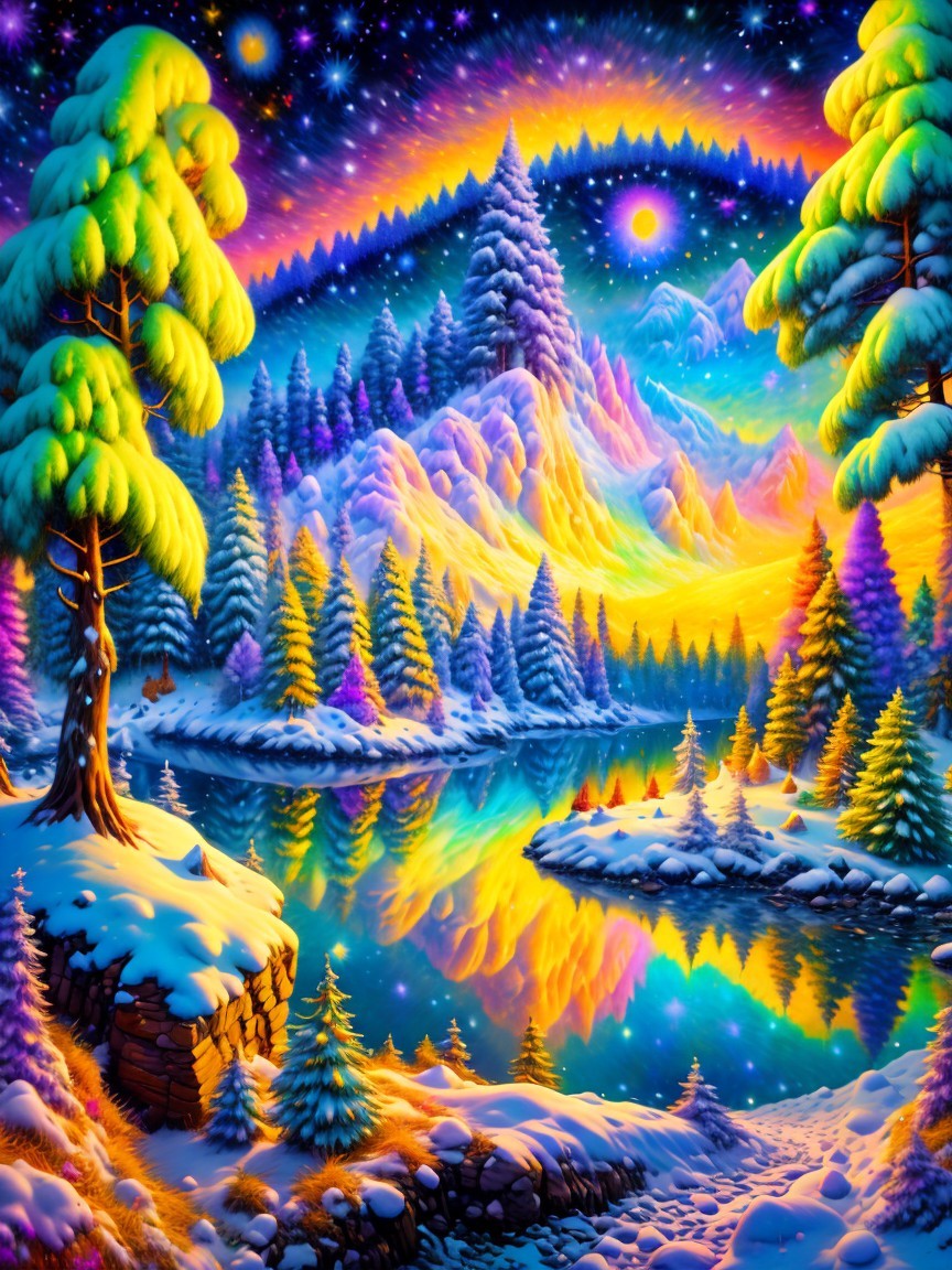 Surreal Winter Landscape with Colorful Aurora and Lake