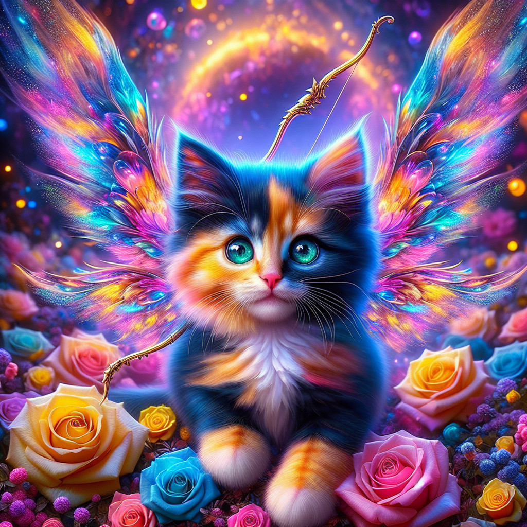 Whimsical Kitten with Colorful Fur and Iridescent Wings