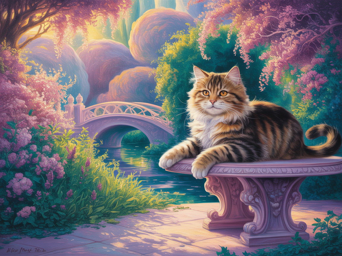 Majestic cat on stone bench in vibrant floral setting