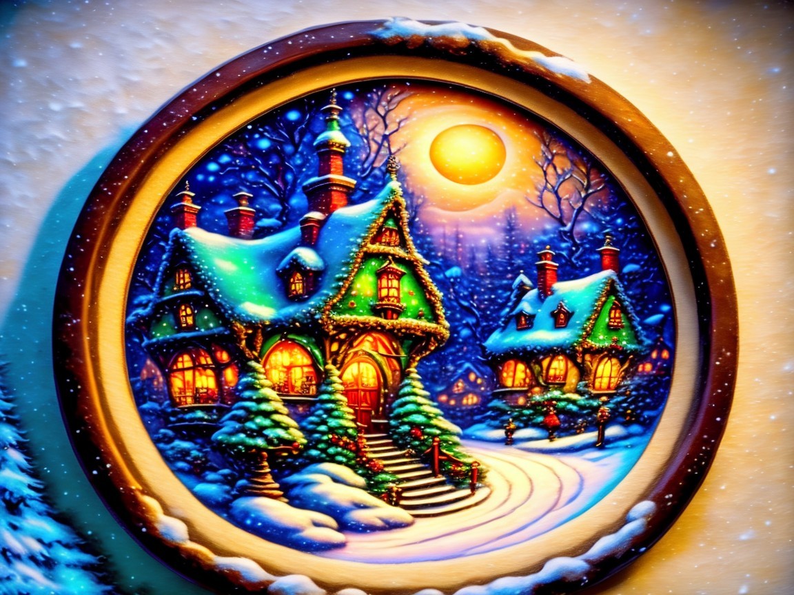 Cozy Winter Scene with Cottages and Snowy Landscape