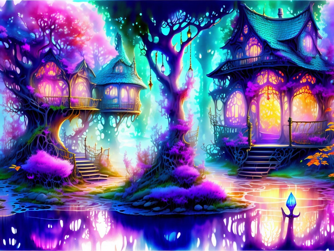 Whimsical Nighttime Landscape with Enchanted Treehouses