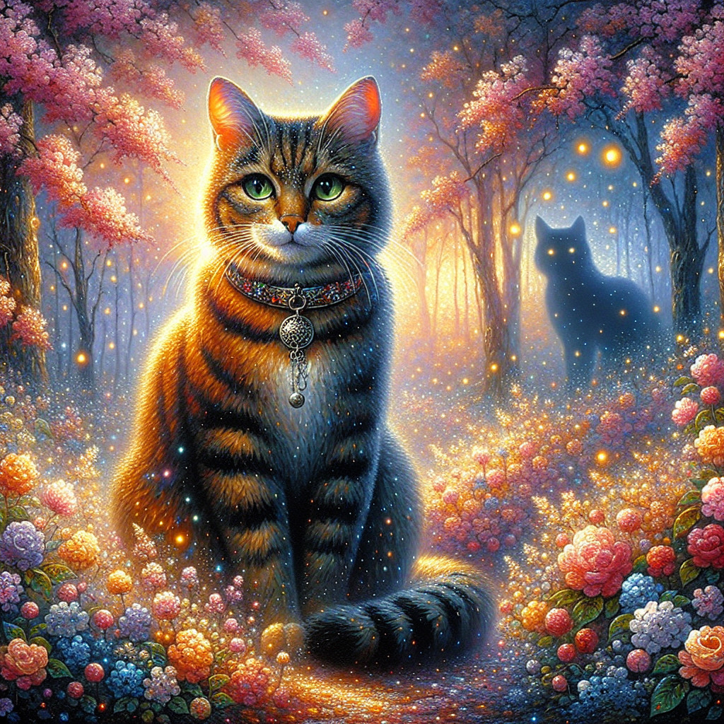 Majestic Tabby Cat in a Magical Flowering Forest