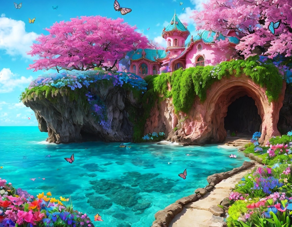 Whimsical Pink Castle in a Colorful Fairy-Tale Scene