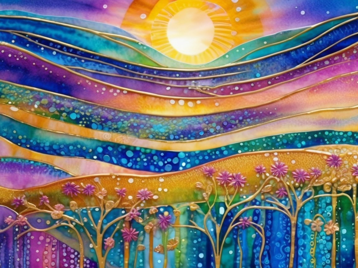 Vibrant Abstract Landscape with Colorful Hills and Sun
