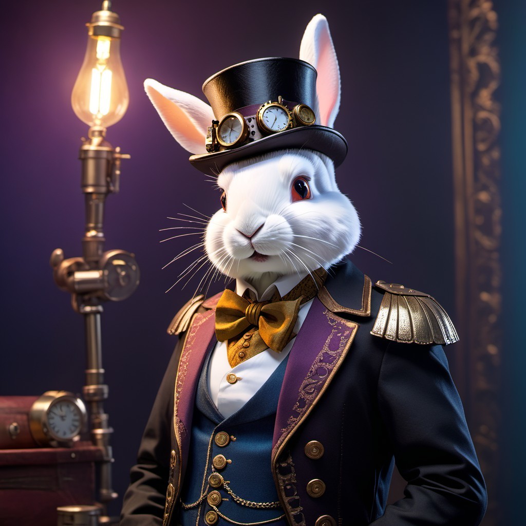 Elegant Rabbit in Steampunk Attire with Vintage Backdrop
