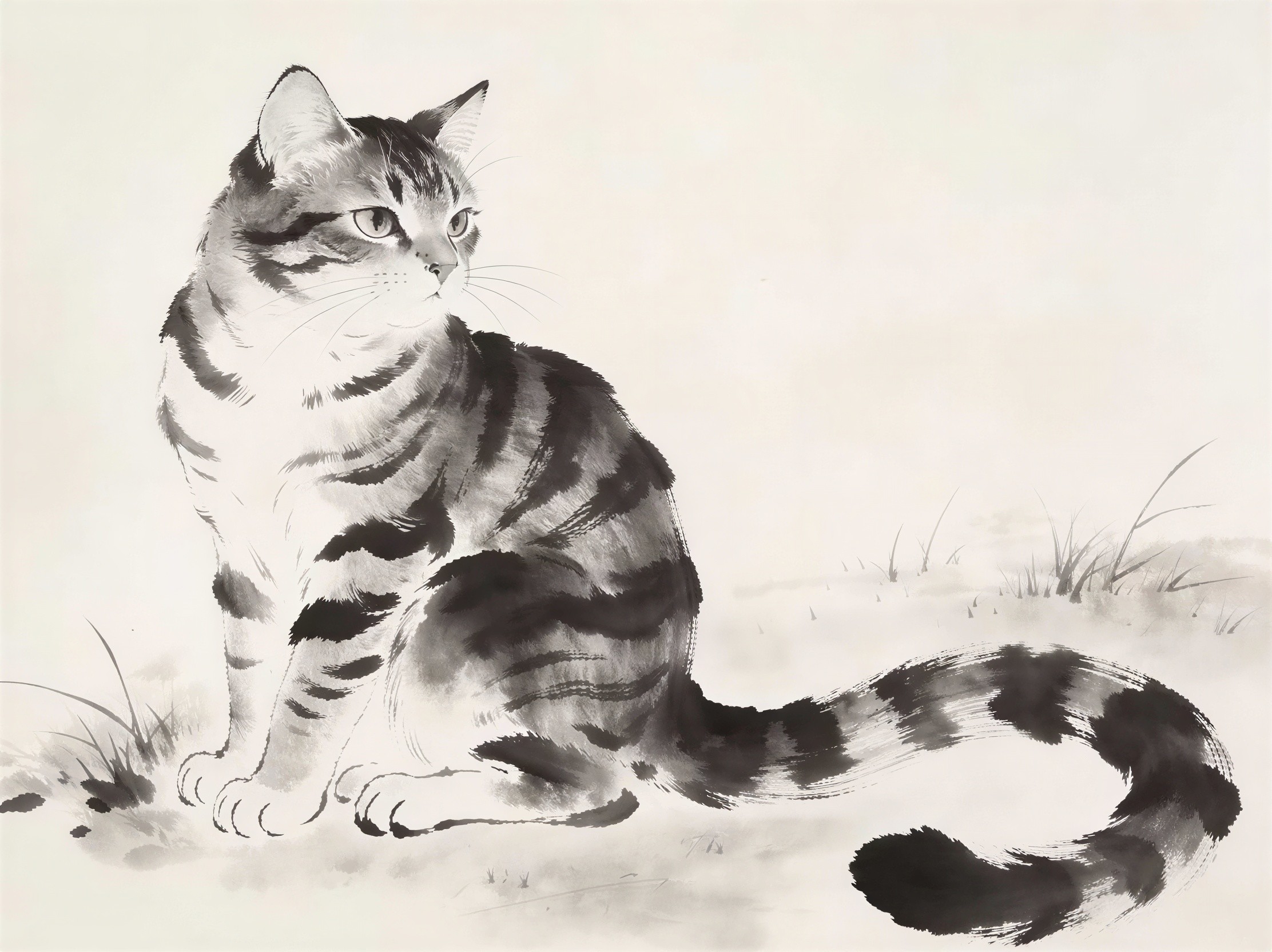 Ink Wash Painting of a Tabby Cat on Taupe Ground