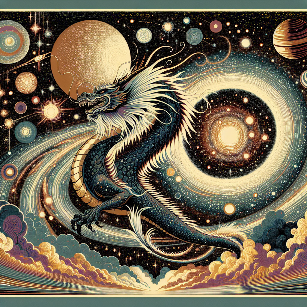 Mythical dragon in a cosmic landscape with galaxies