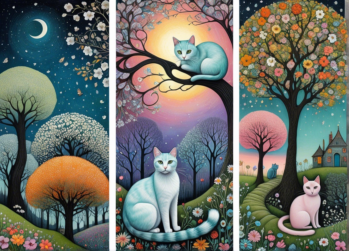 Whimsical Triptych of Nature Scenes with Cats