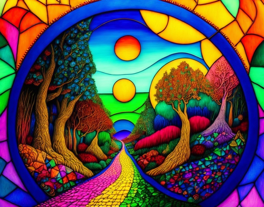 Surreal Forest Landscape with Winding Path and Suns