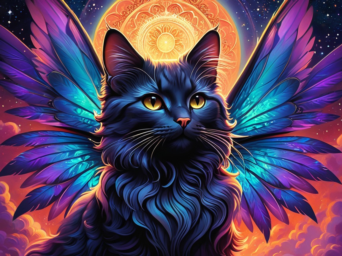 Black Cat with Iridescent Wings in Cosmic Scene