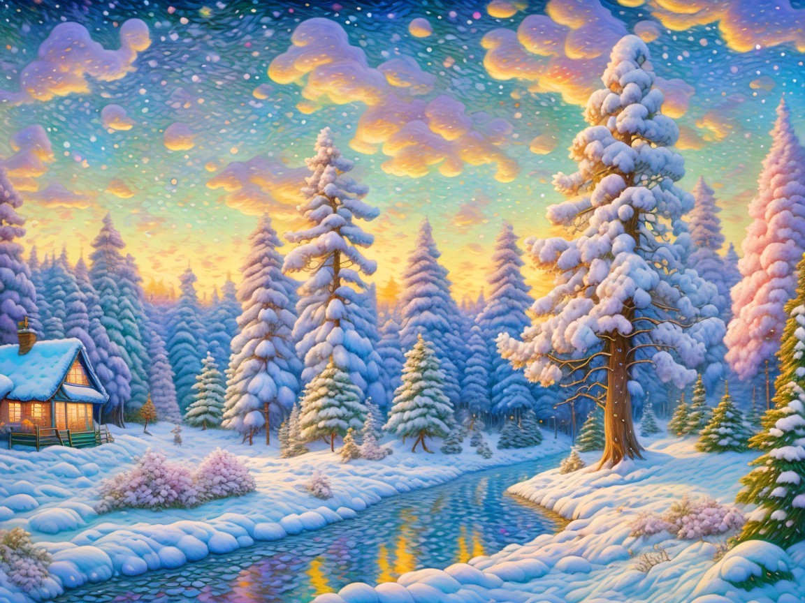Serene Winter Landscape with Snowy Pines and Cottage