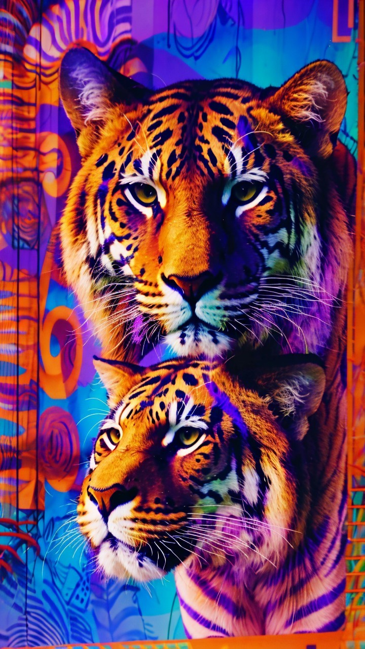 Vibrant Tiger Heads Against Colorful Abstract Background