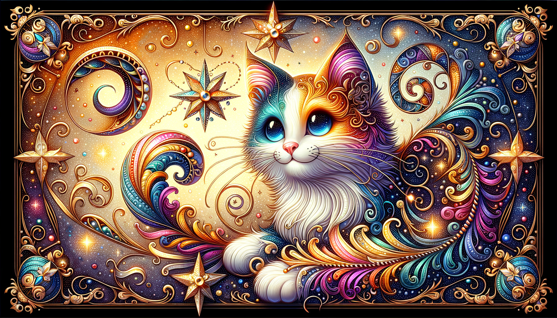 Colorful Cat Amidst Stars and Intricate Patterns