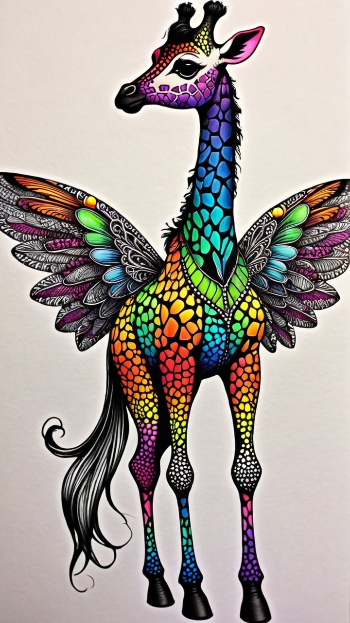 Whimsical creature with giraffe and bird features