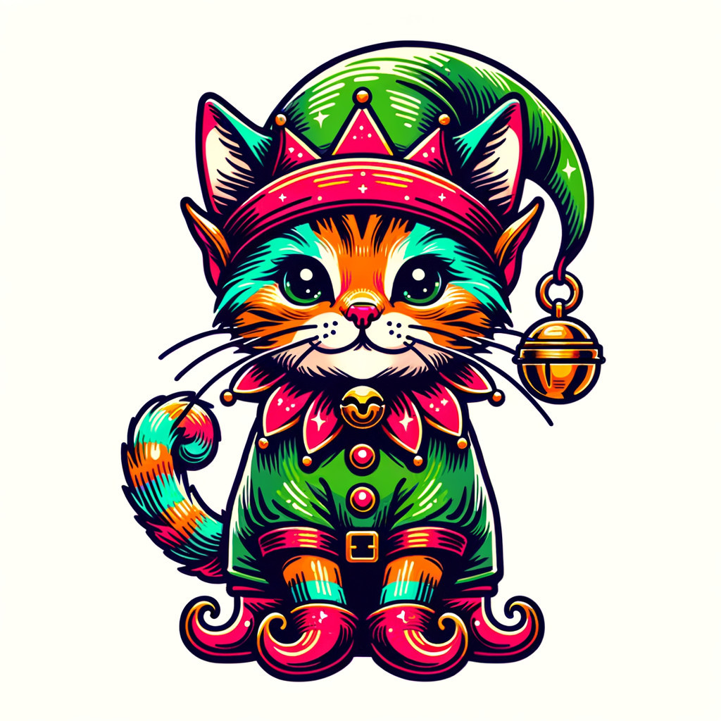 Colorful Cartoon Cat in Playful Elf Costume