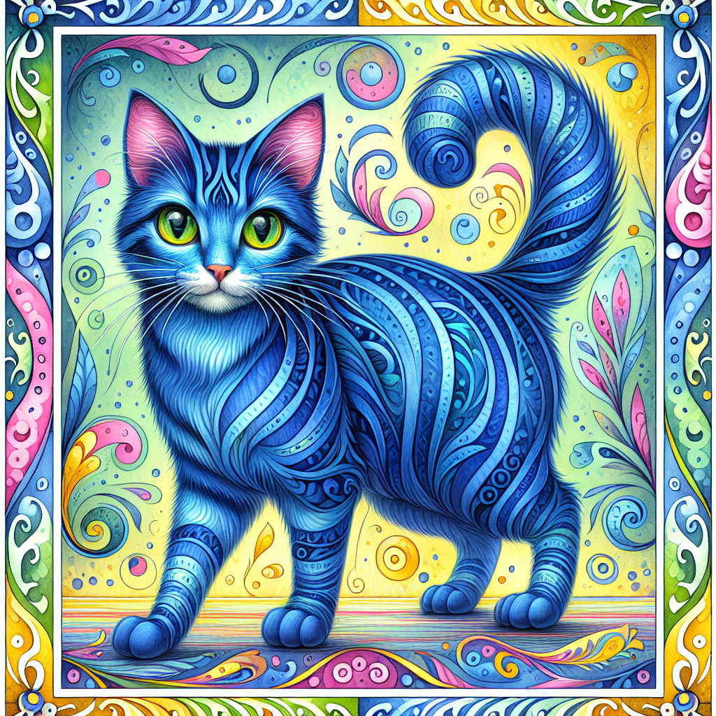Stylized Illustration of a Blue Cat with Patterns