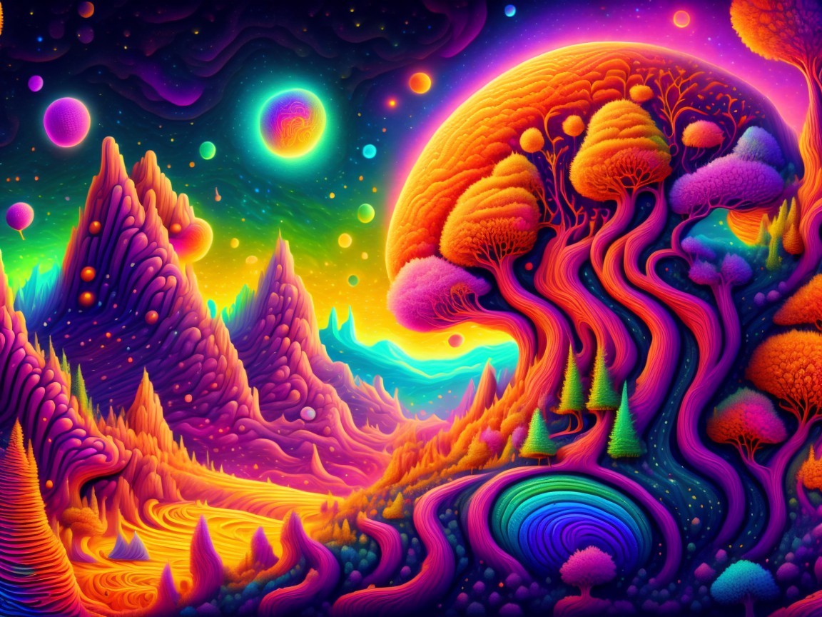 Surreal Landscape with Vibrant Colors and Whimsical Forms