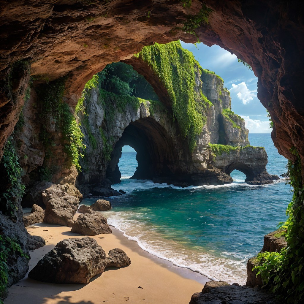 Coastal Scene with Rocky Cave and Turquoise Sea