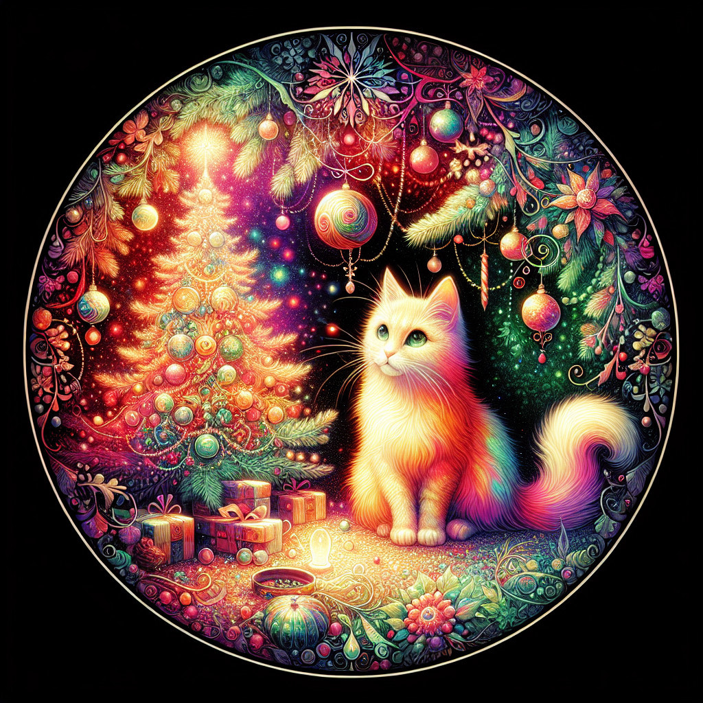 Colorful Cat by a Decorated Christmas Tree Illustration