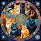 Four Cats in a Cosmic Compass Design with Stars