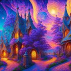 Surreal Landscape with Vibrant Colors and Moons