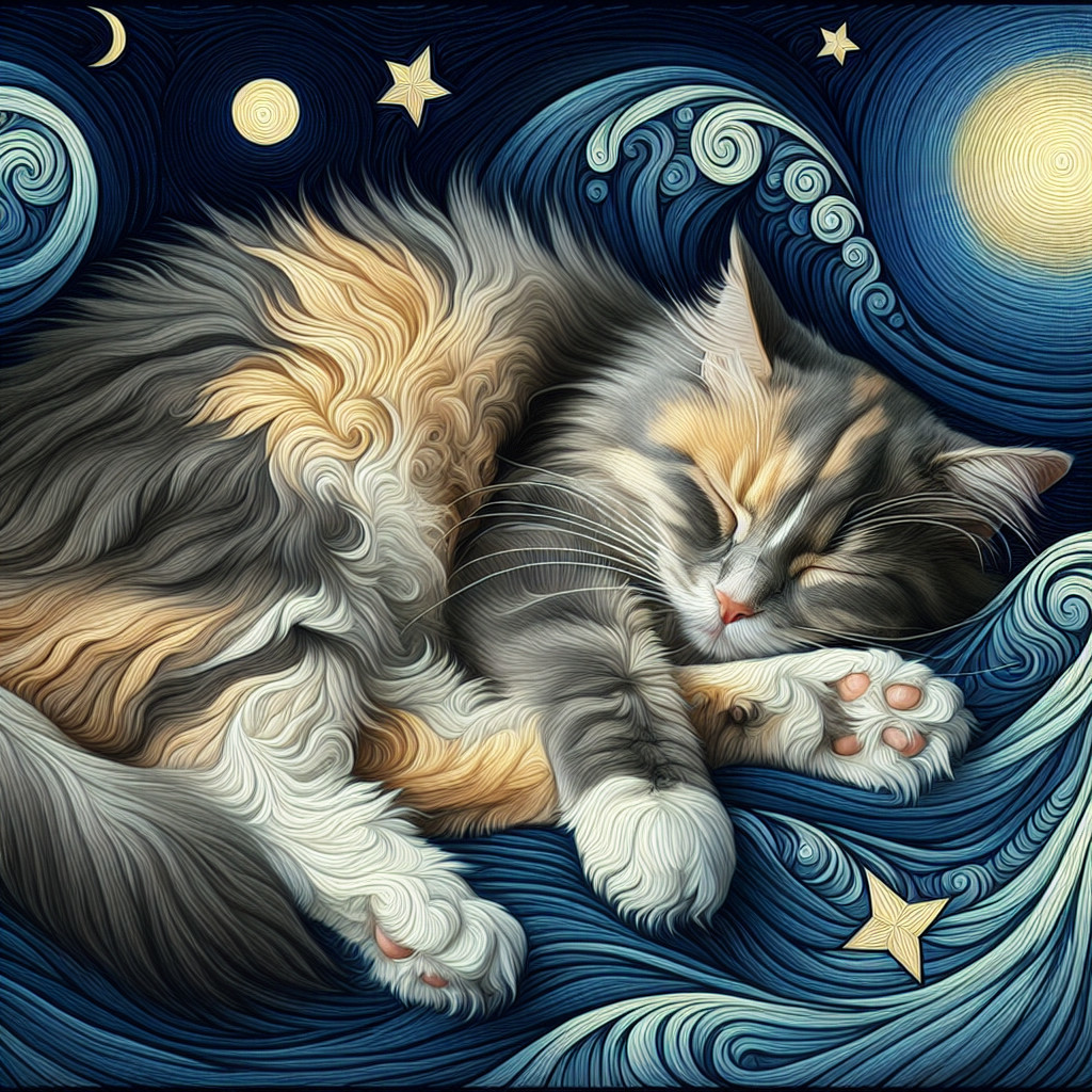 Calico Cat Sleeping Against Blue Waves and Stars