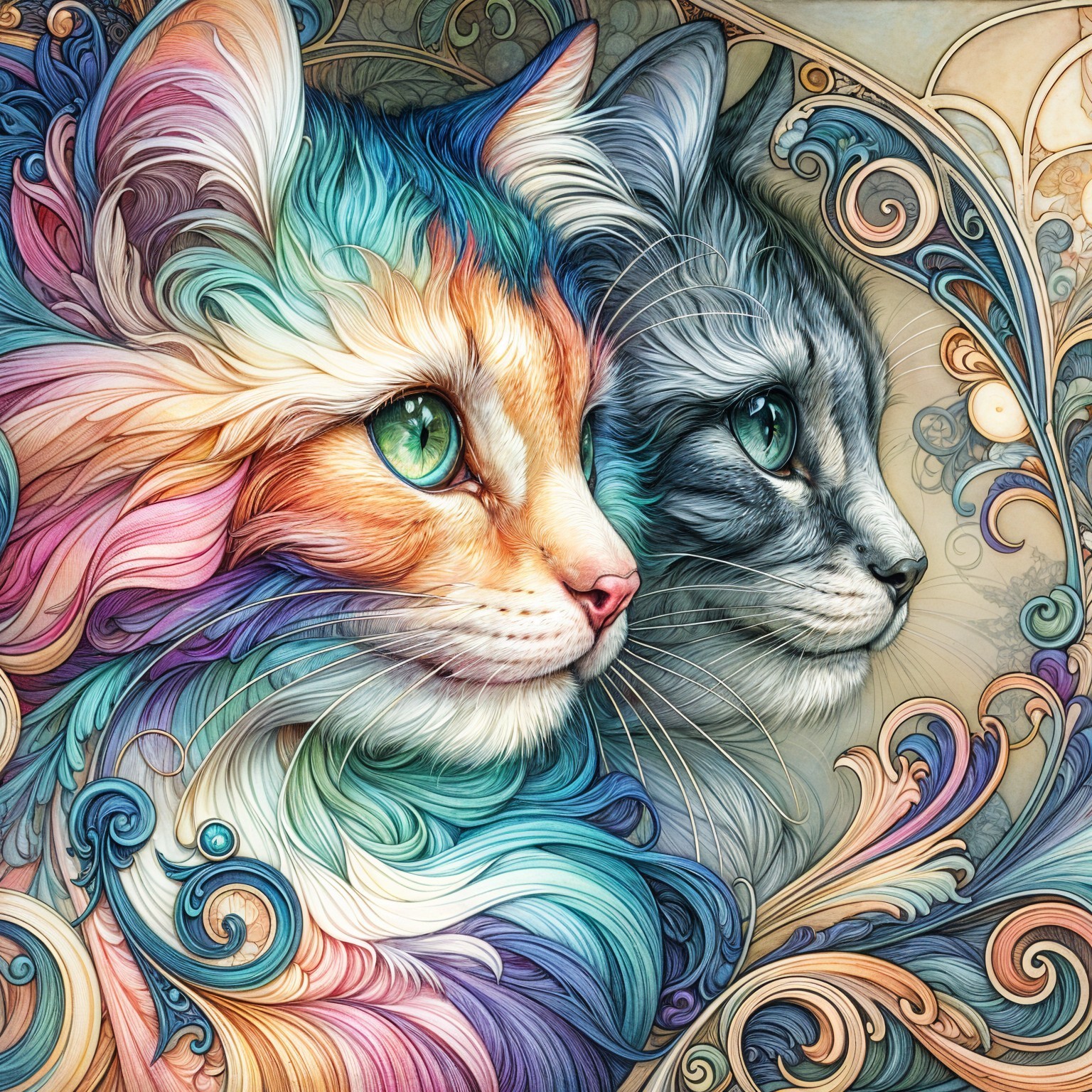 Intricately Designed Cat Faces with Floral Background