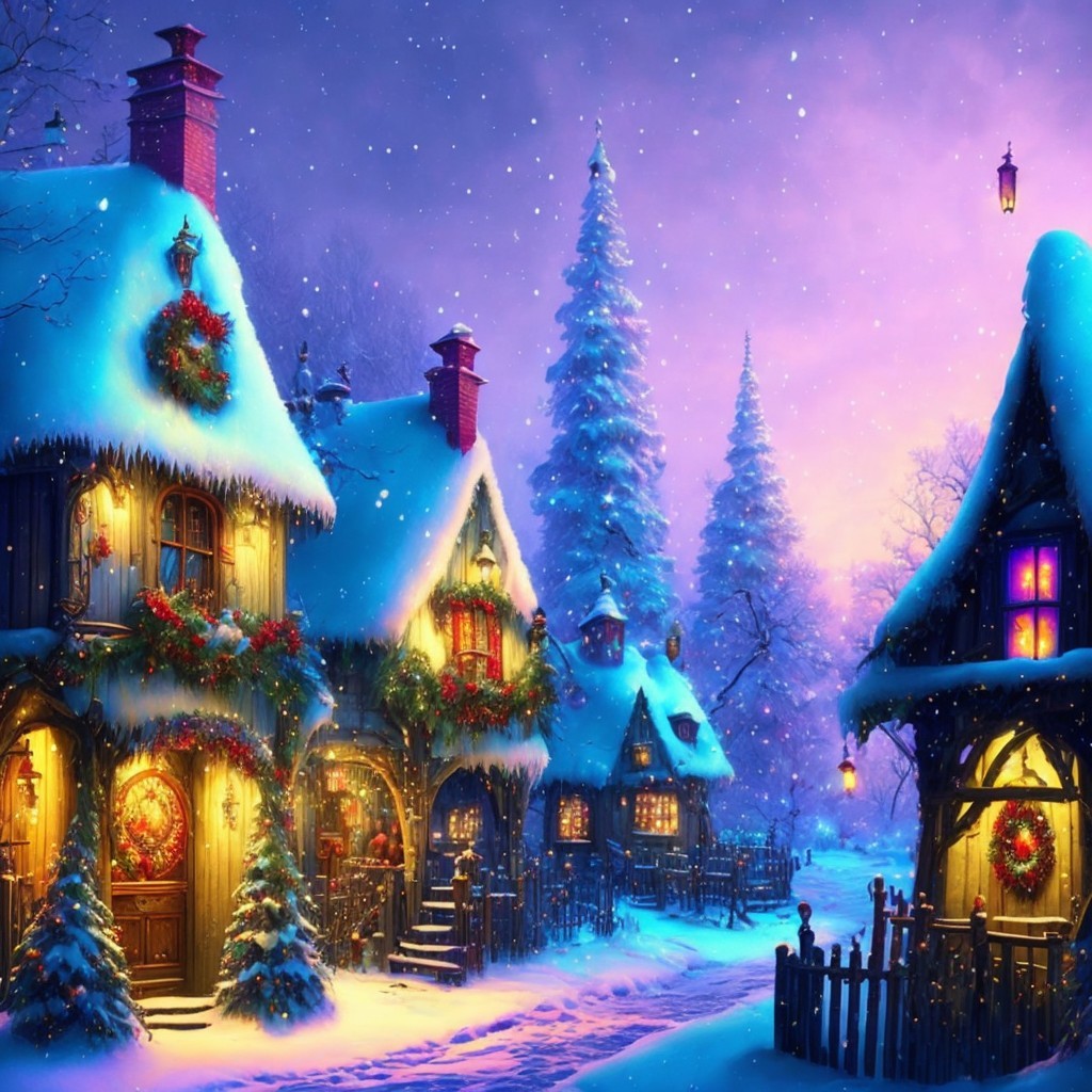 Winter Village Scene with Snowy Cottages and Lights