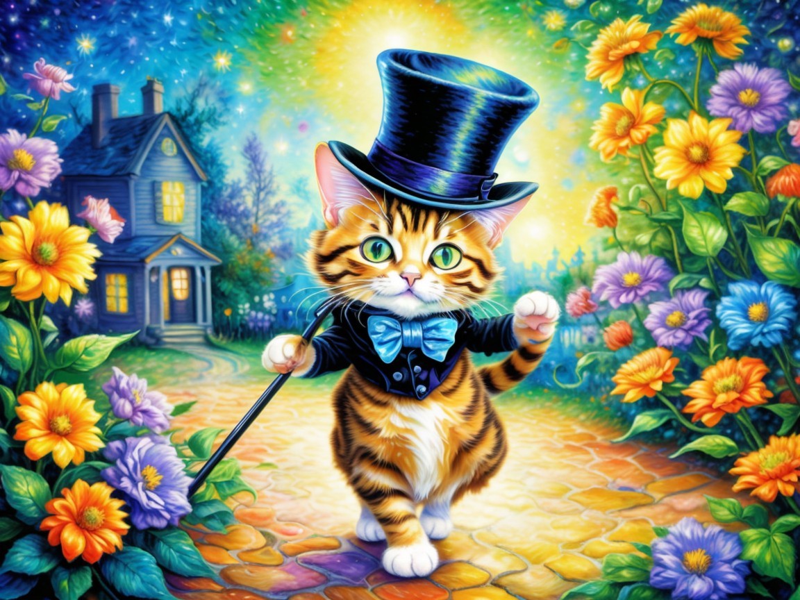 Tabby Cat in Top Hat on Flower-Lined Path at Night