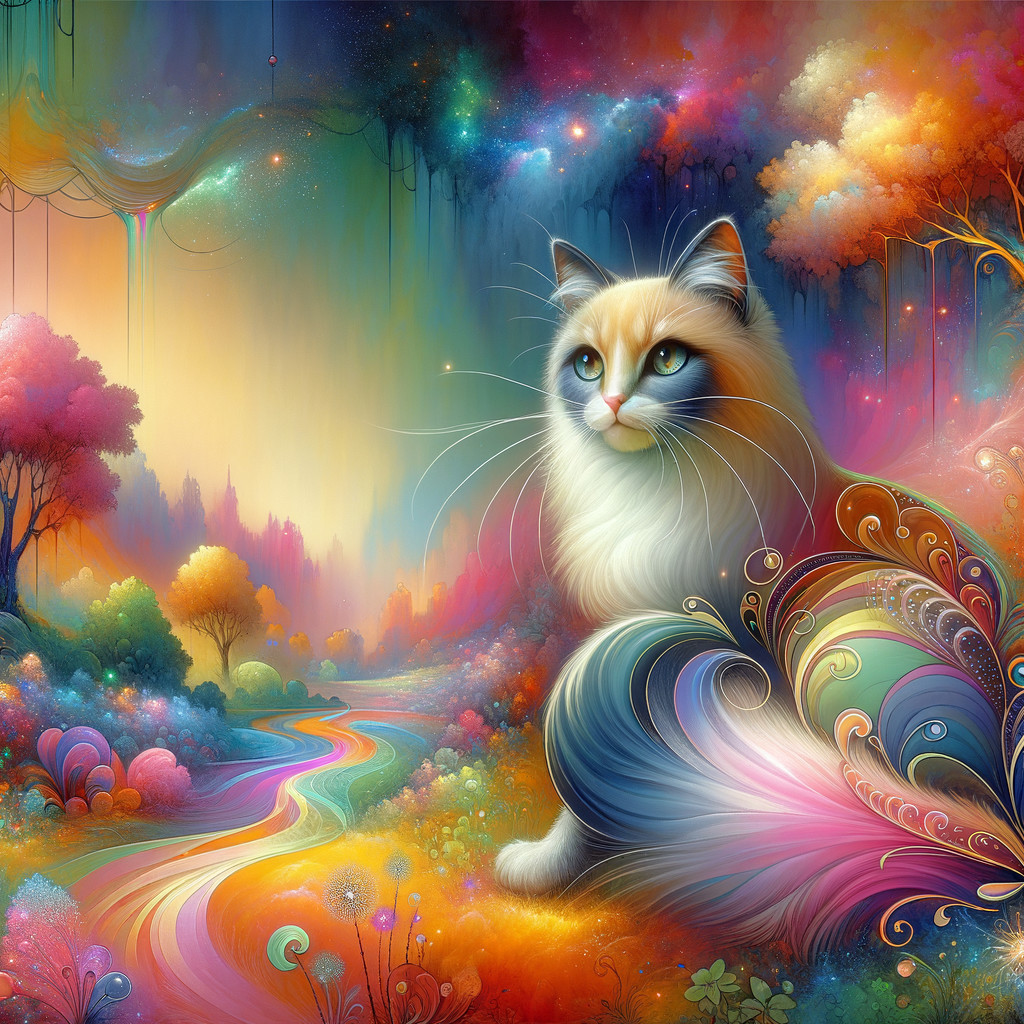Cat with Blue Eyes in a Vibrant Dreamlike Landscape