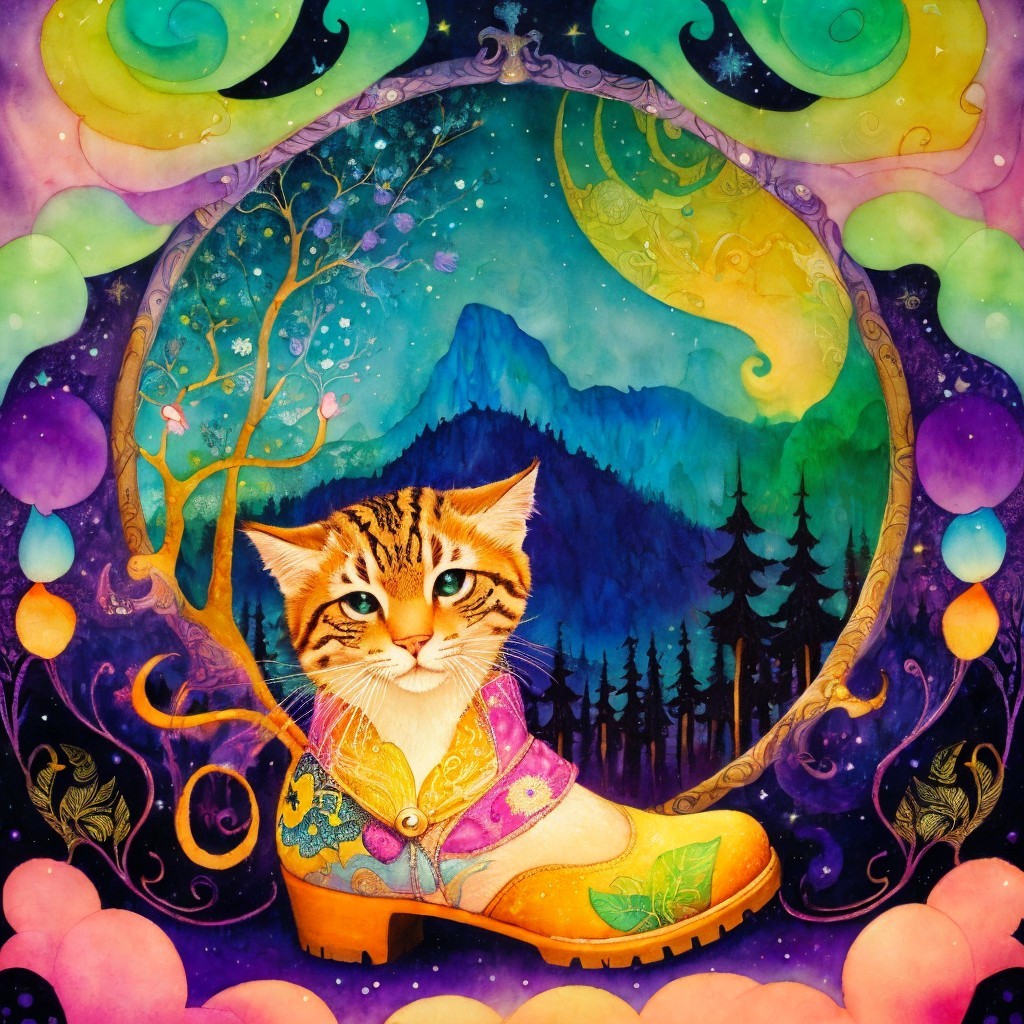 Whimsical Painting of a Cat in a Dreamlike Landscape