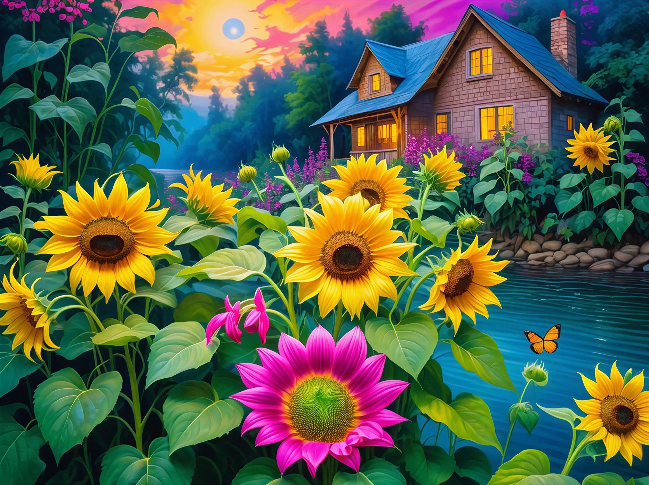 Vibrant Sunset Landscape with Cottage and Sunflowers