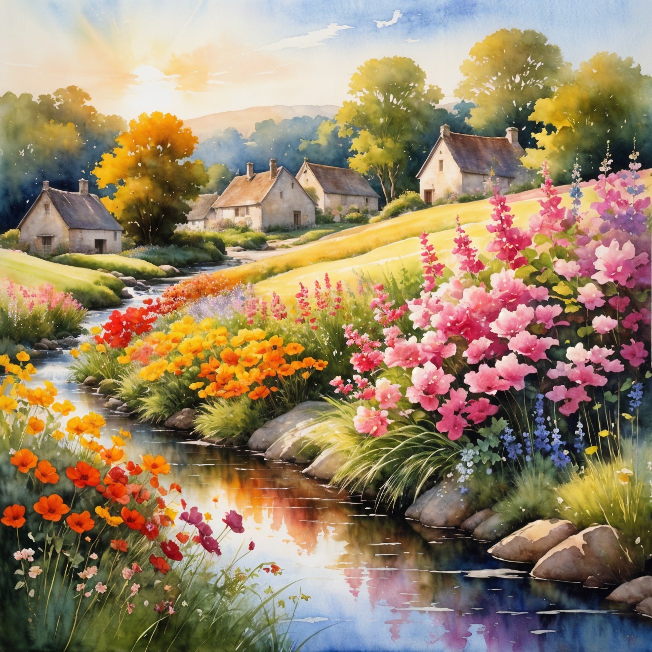 Vibrant Wildflowers and Cottages in Pastoral Landscape