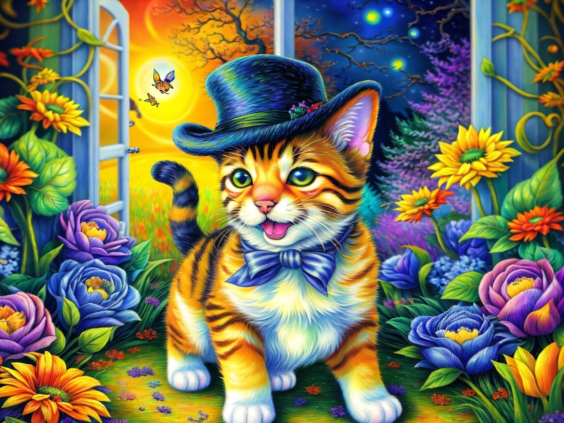 Whimsical Kitten in Colorful Garden at Sunset
