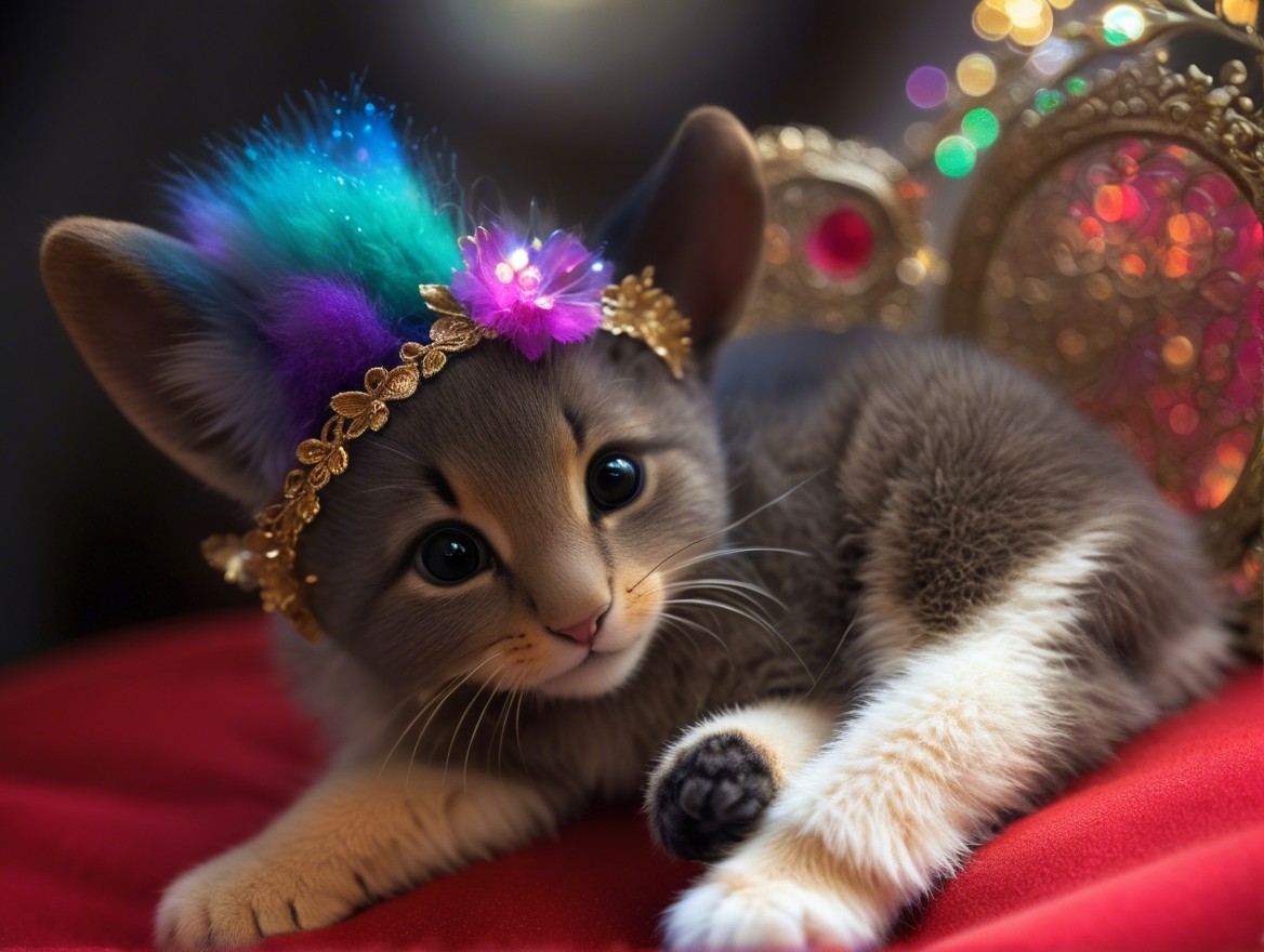 Kitten on Colorful Cushion with Glittering Crown