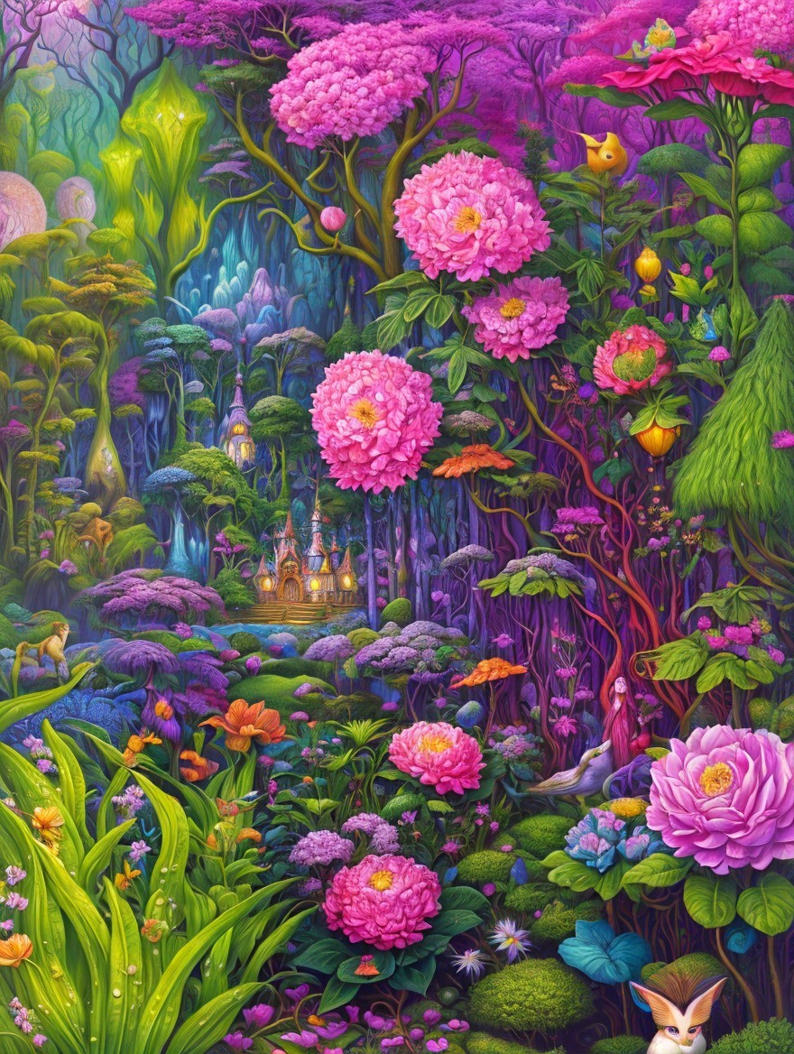 Enchanted forest with vibrant flowers and whimsical castle
