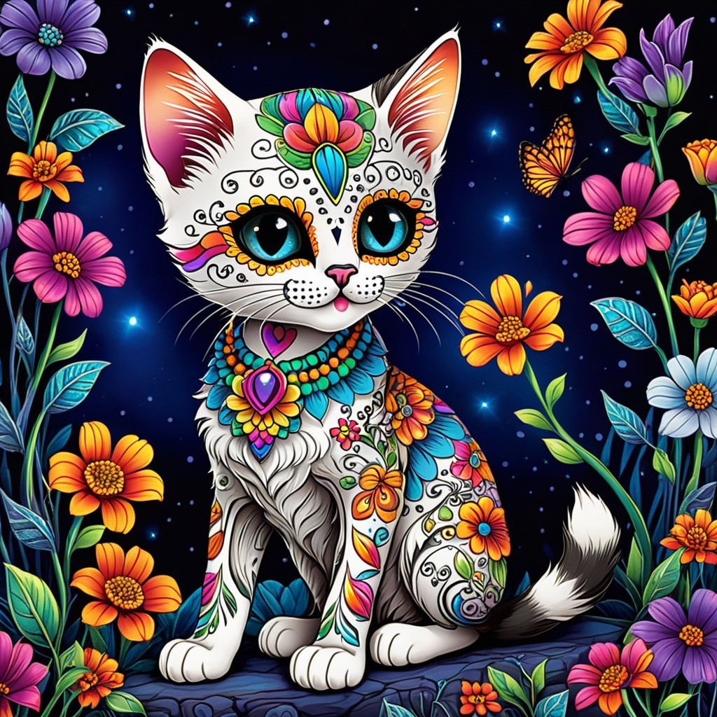 Illustration of a Colorful Cat in Day of the Dead Style