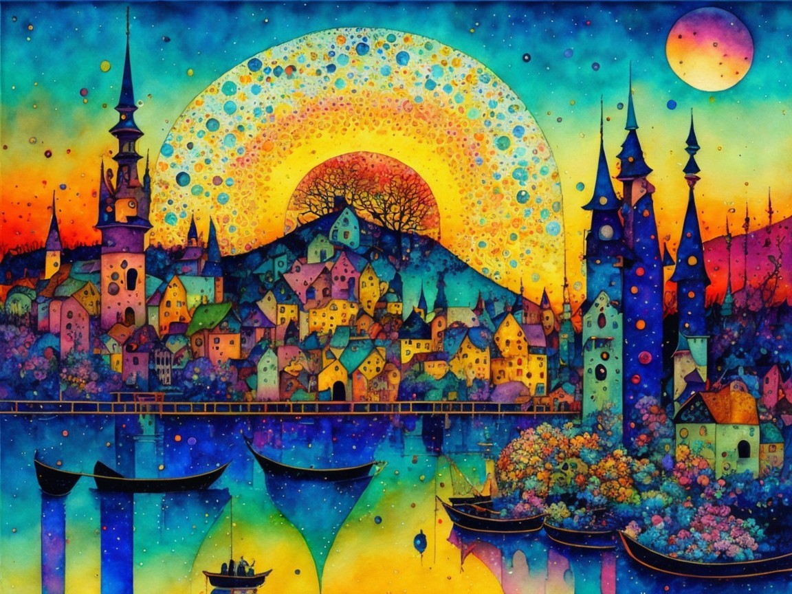 Surreal Landscape of a Colorful Town at Sunset