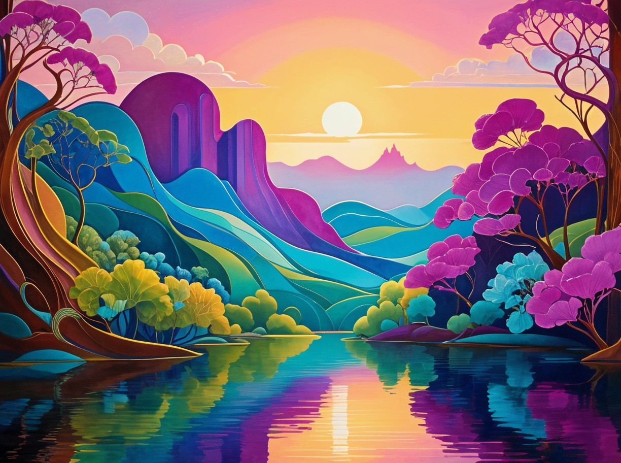 Vibrant Landscape with Rolling Hills and Sunset Reflections