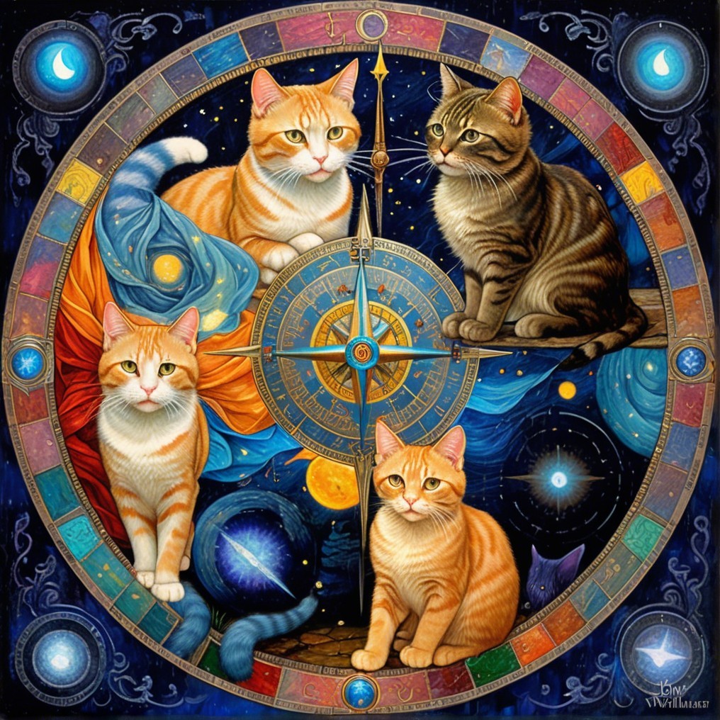Four Cats in a Cosmic Compass Design with Stars