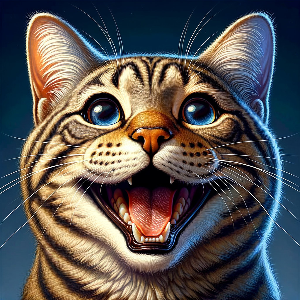 Close-up of a joyful tabby cat with blue eyes