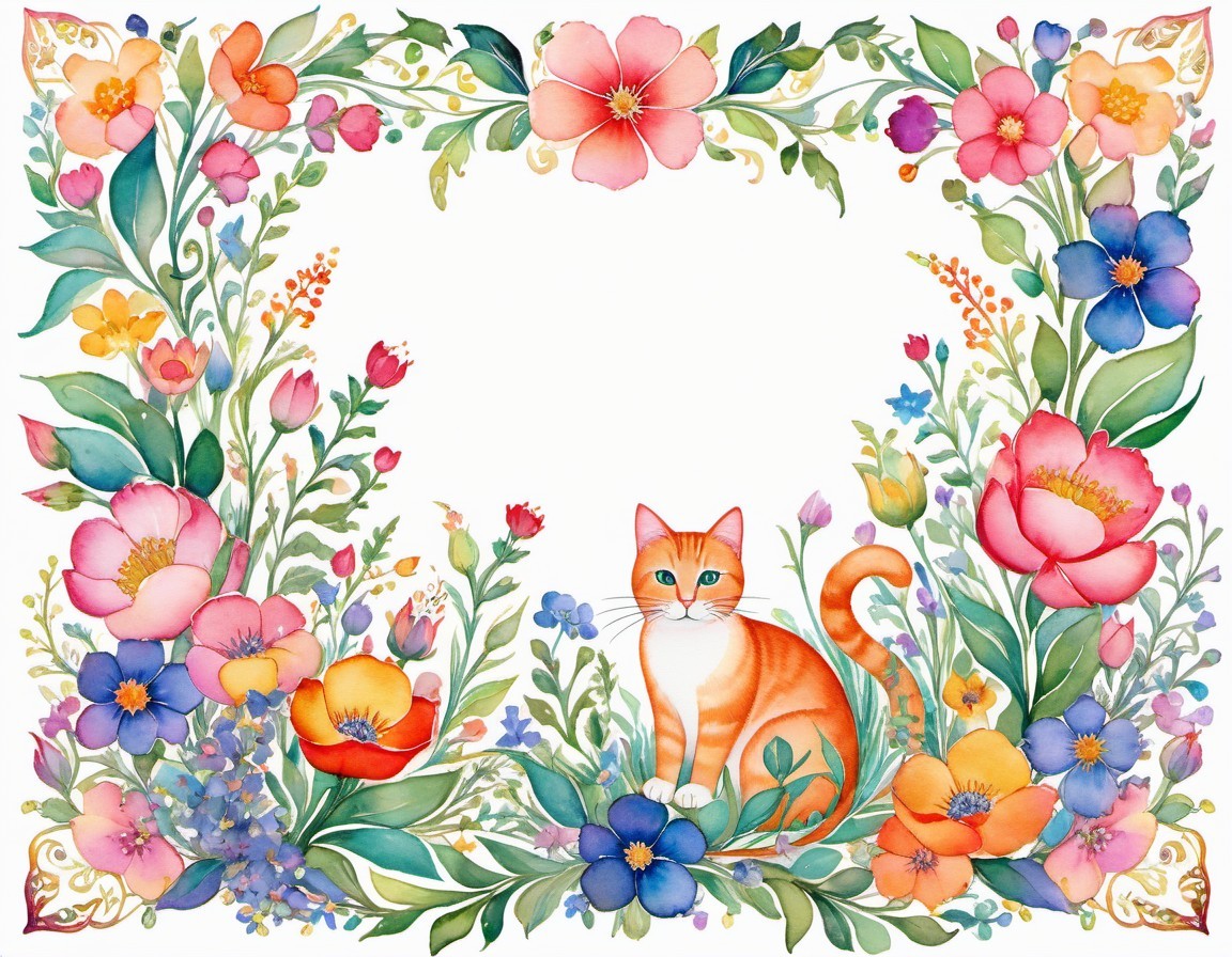 Whimsical Illustration of Orange Cat and Floral Border