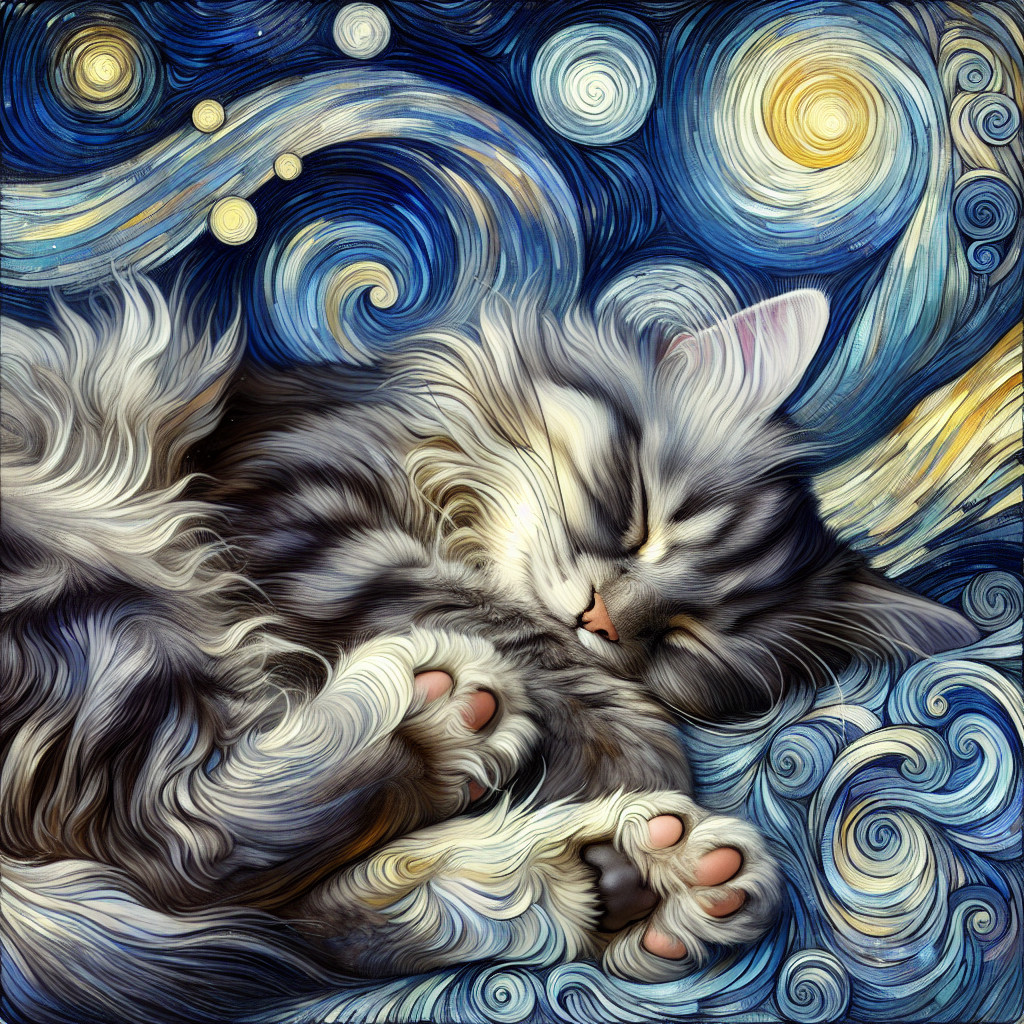Gray Cat Sleeping Amidst Starry Night Patterns