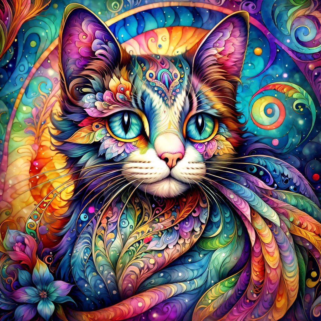 Psychedelic Cat Art with Intricate Patterns and Colors